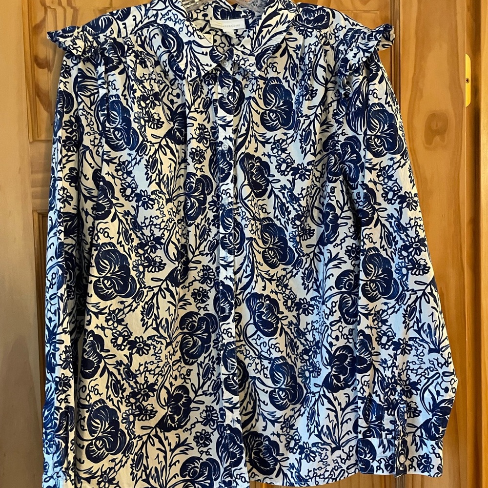 Charter Club Blue and White Floral Button Down Shirt - Picture 1 of 6